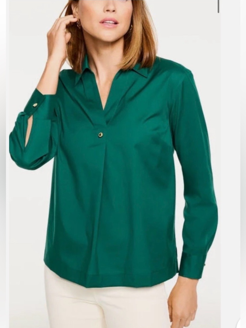 Talbots Petite Emerald Green Stretch V-Neck Pullover Blouse MP